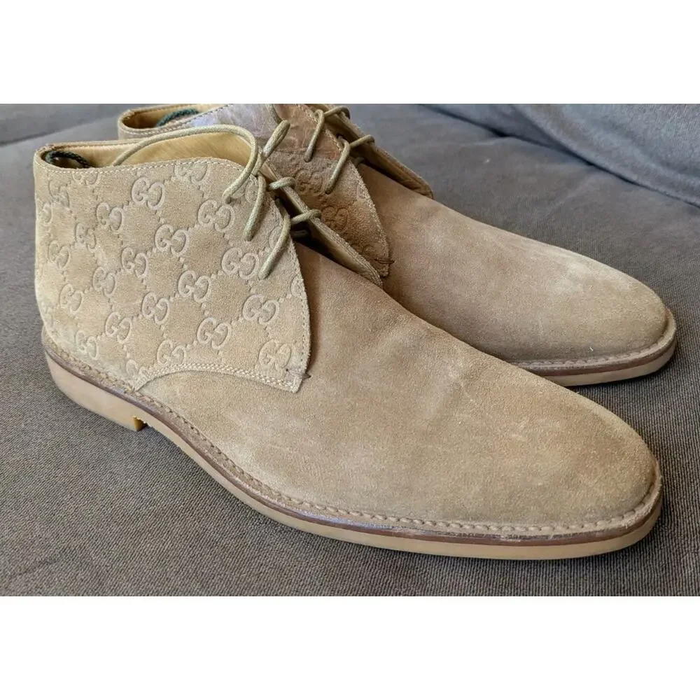Gucci Antigua Ankle Boots Tan Suede GG Monogram Chukka Desert Mens 10 Italy